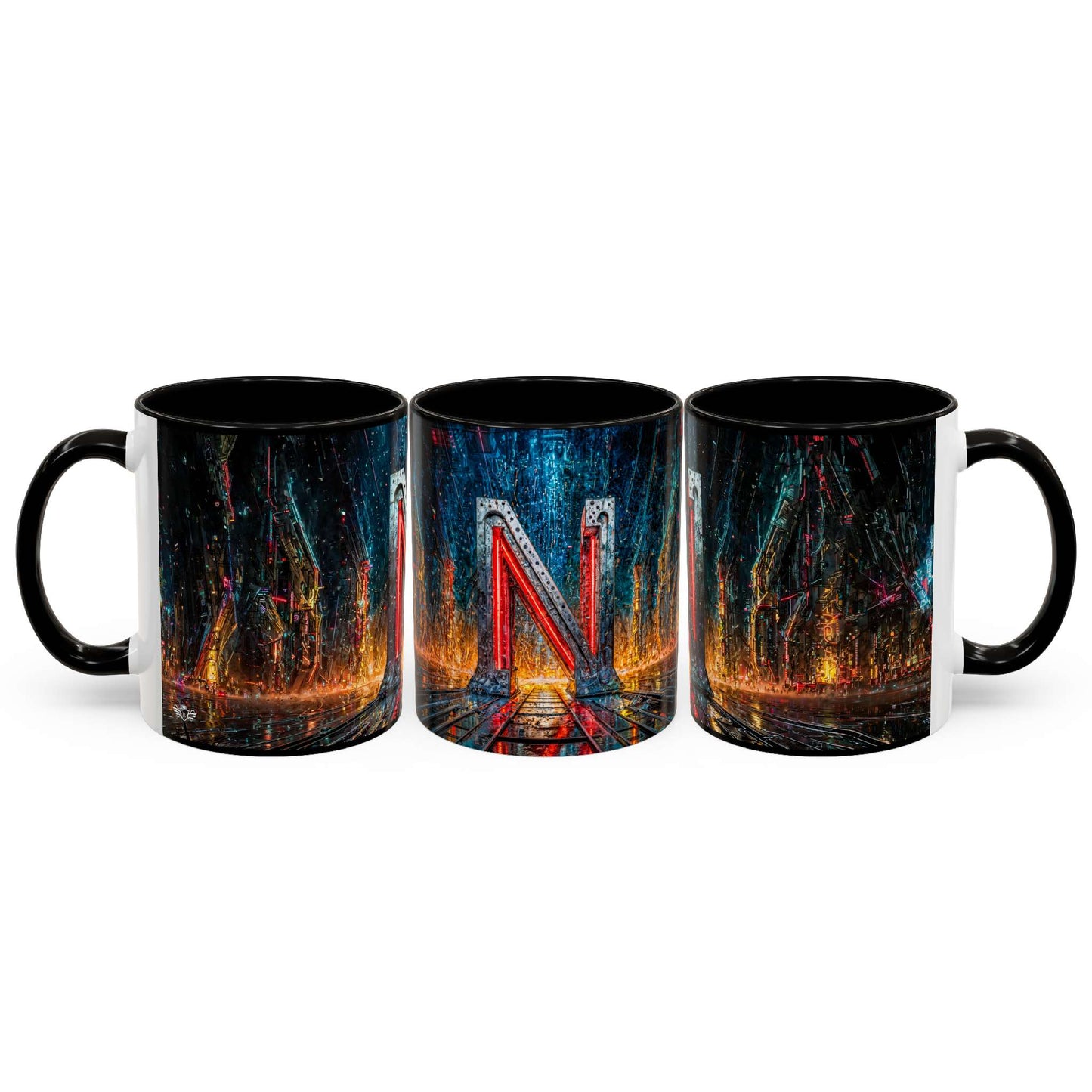 Three mugs with a cyberpunk design of a letter N on a white background