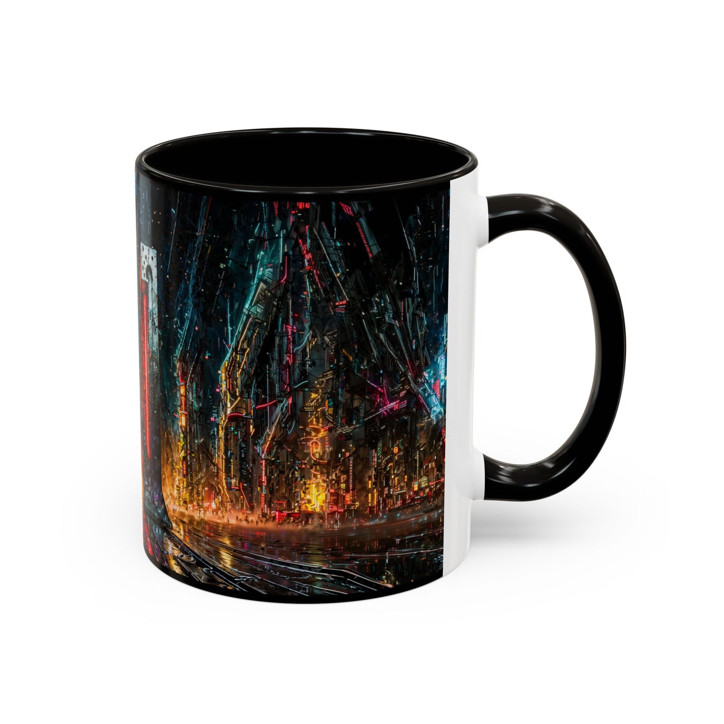 Black mug with a cyberpunk abstract design on a white background