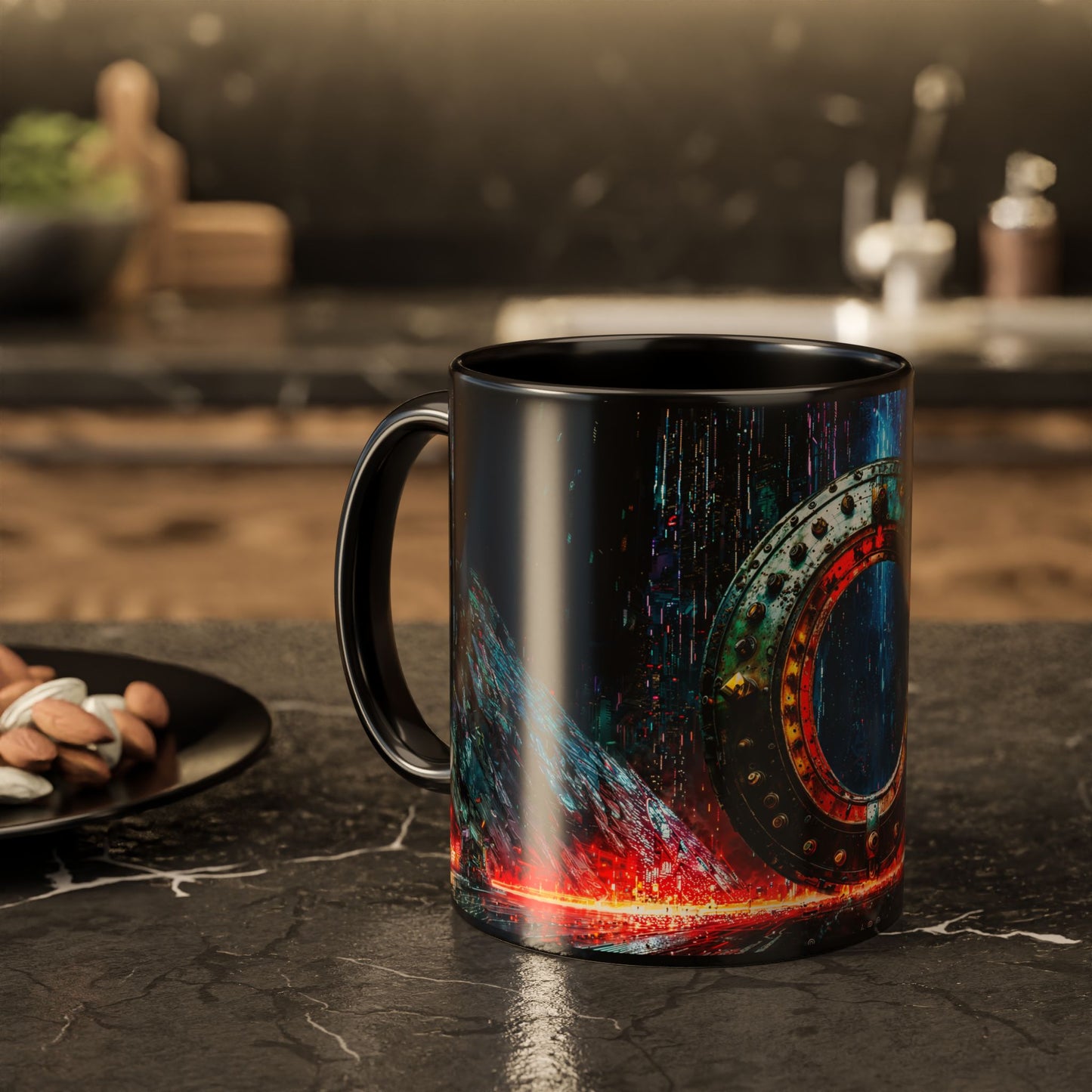 Black mug with a cyberpunk design on a dark surface, blurred kitchen background