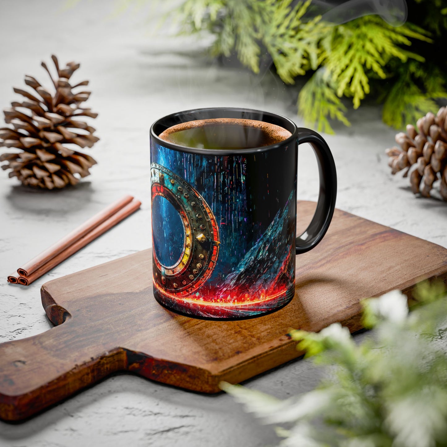 Decorative mug with a cyberpunk design on a wooden board with pine cones and cinnamon sticks.