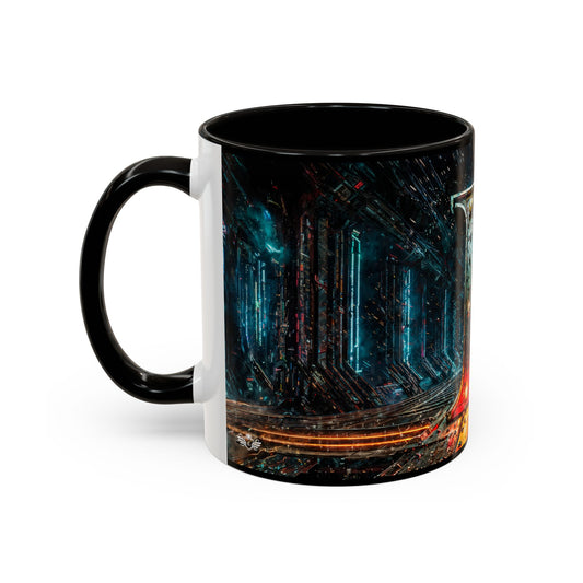 Mug with a futuristic cyberpunk design on a white background