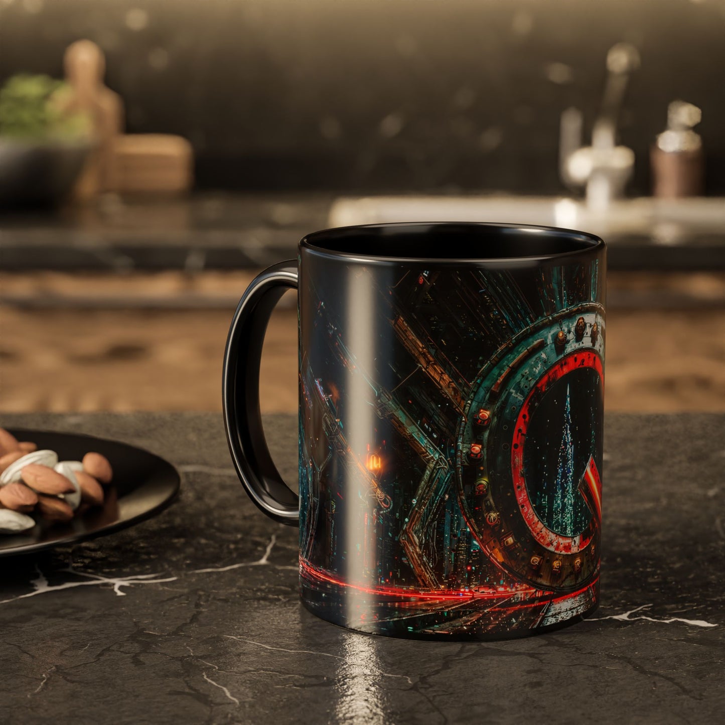 Black mug with a cyberpunk design on a dark surface, blurred kitchen background
