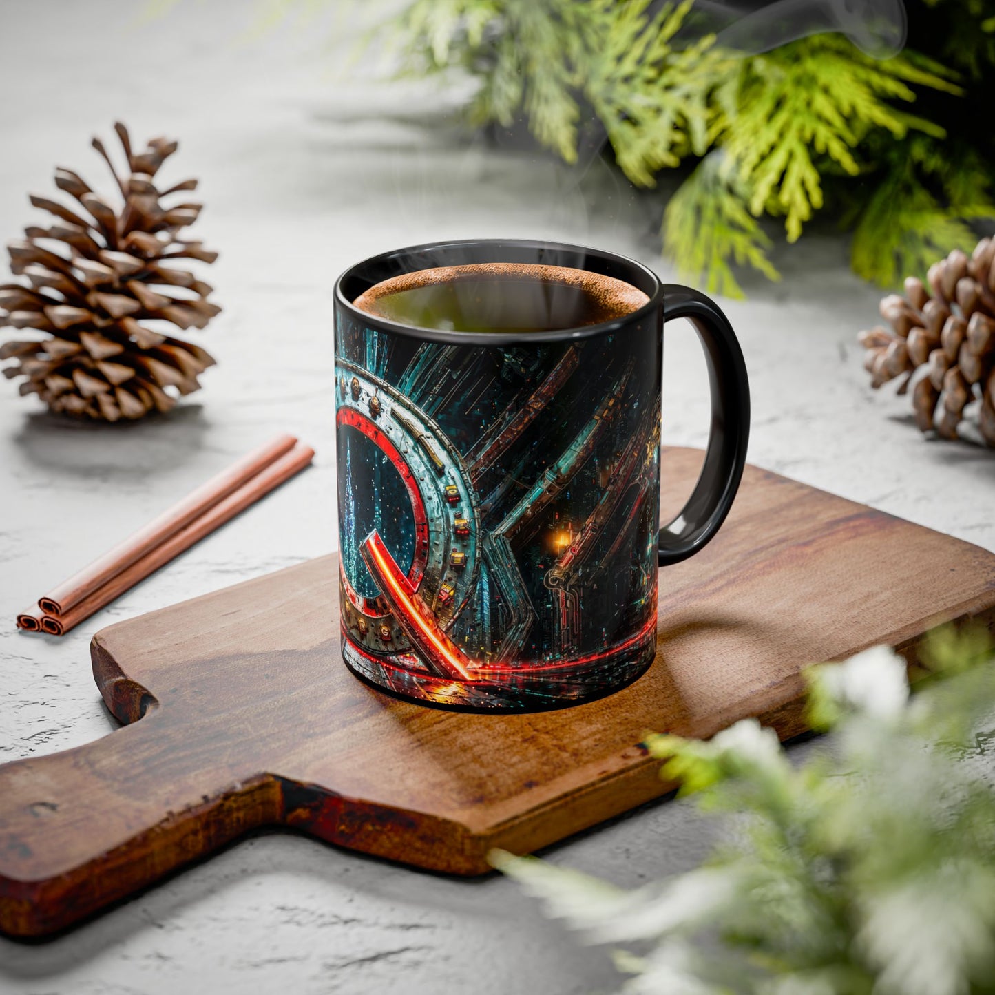 Black mug with a cyberpunk design on a wooden cutting board with cinnamon sticks and pine cones.