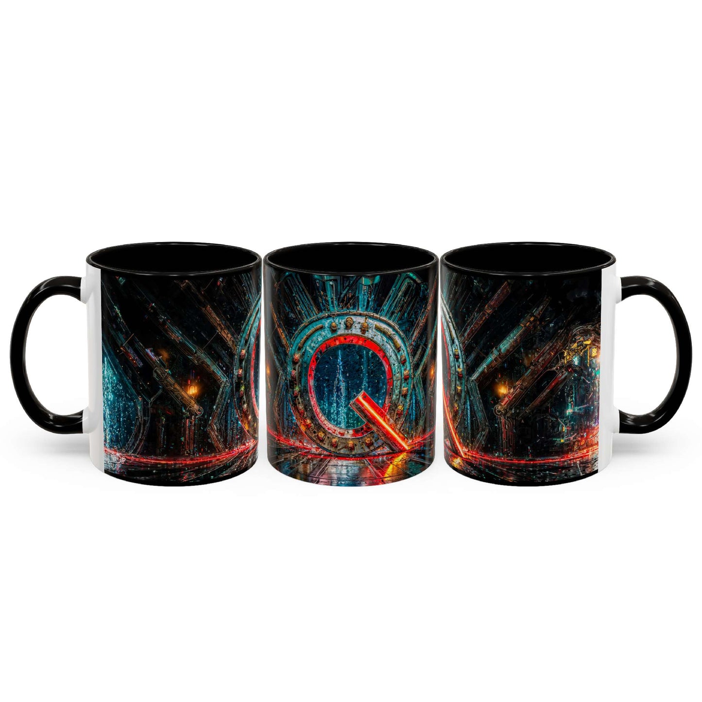 Three black mugs with cyberpunk designs on a white background
