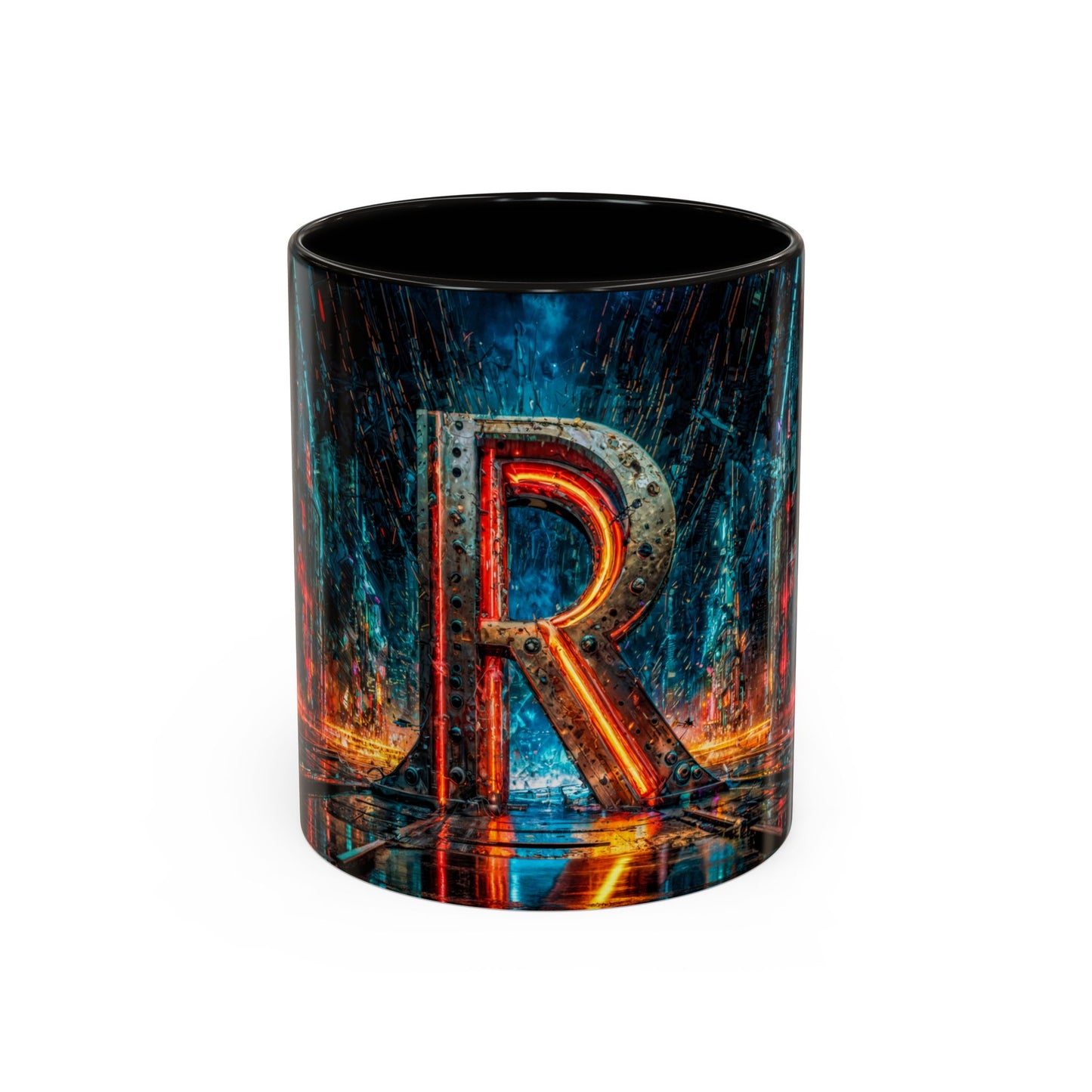 Black mug with a stylized cyberpunk letter 'R' design on a white background