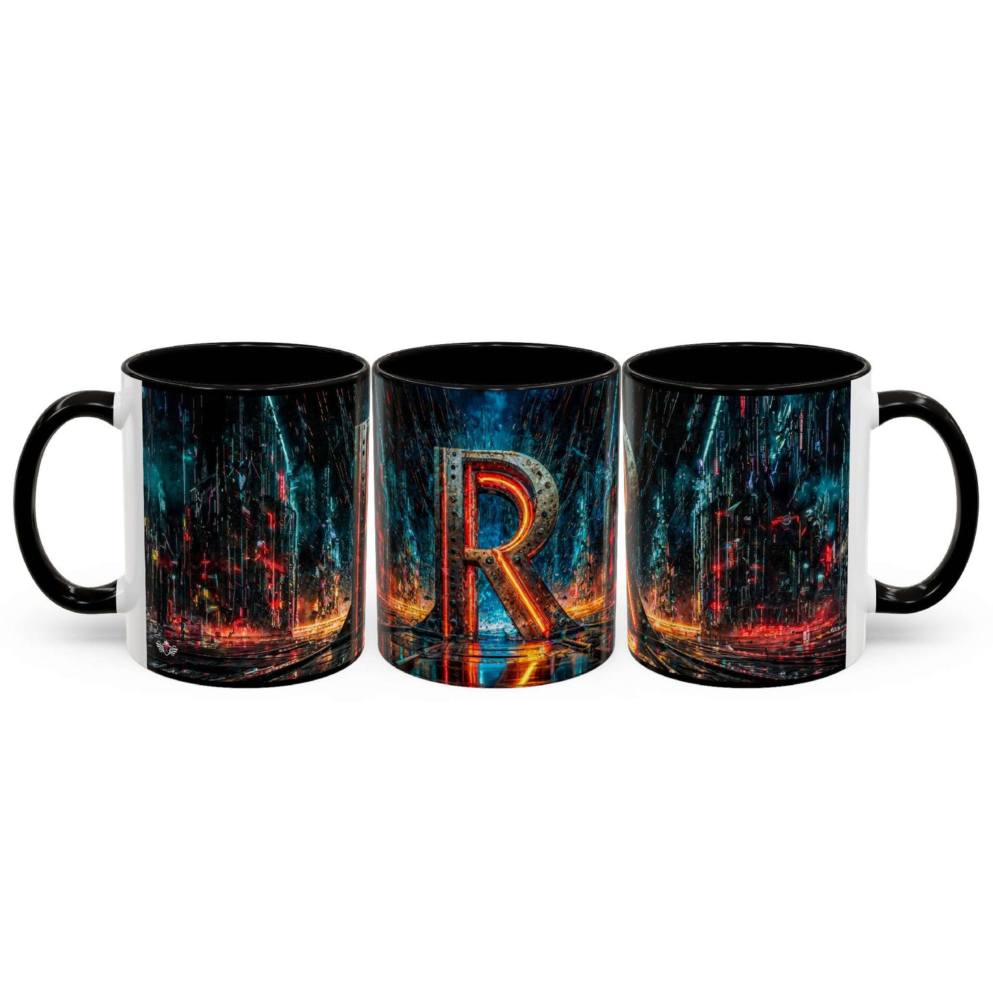 Three black mugs with a cyberpunk letter 'R' design on a white background