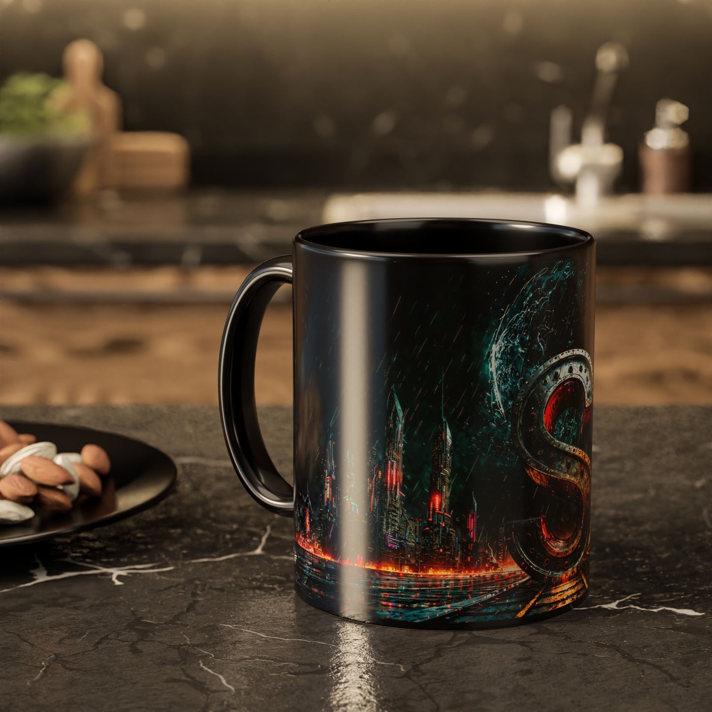Black mug with cyberpunk design on a kitchen counter