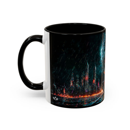 Mug with a cyberpunk design of a cityscape at night on a white background