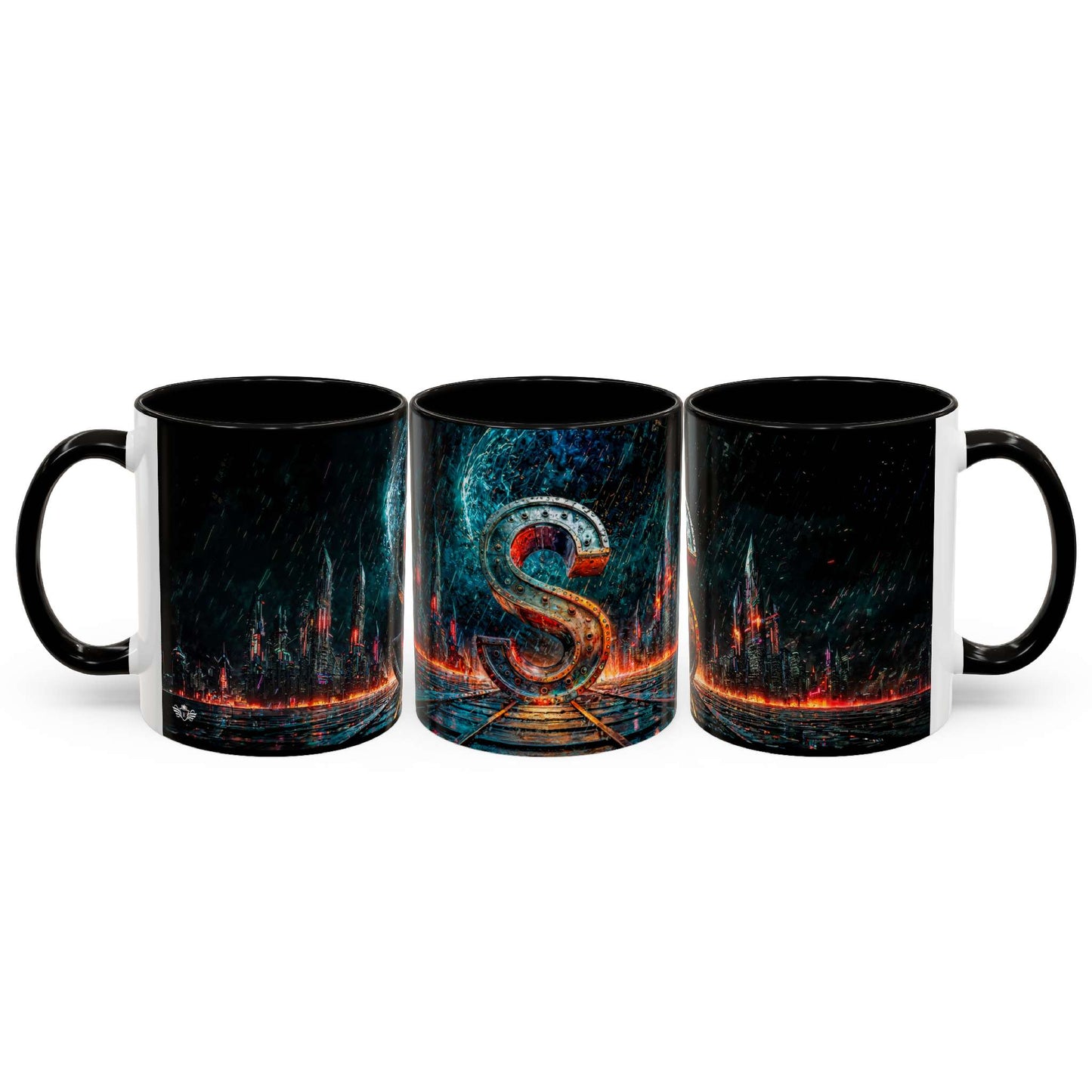 Three black mugs with a cyberpunk design on a white background