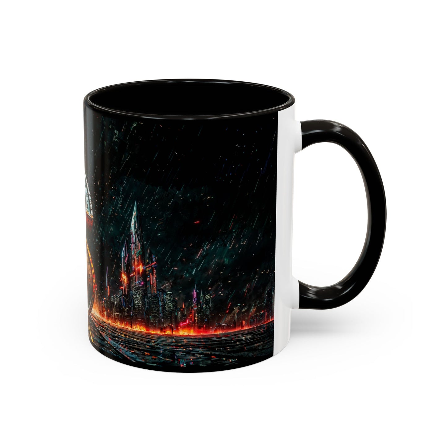 Mug with a futuristic cityscape design on a black background