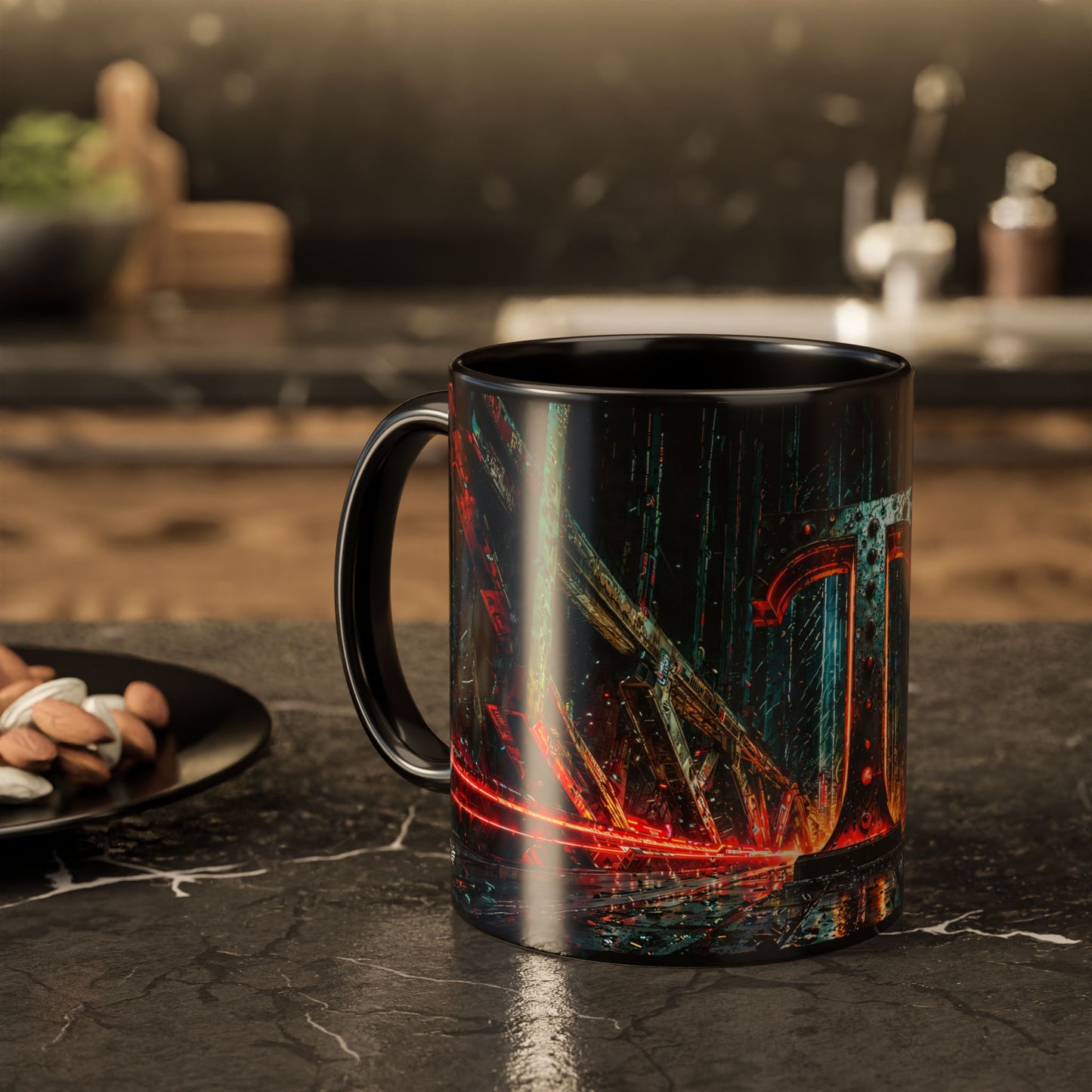 Black mug with cyberpunk design on a dark surface, blurred kitchen background