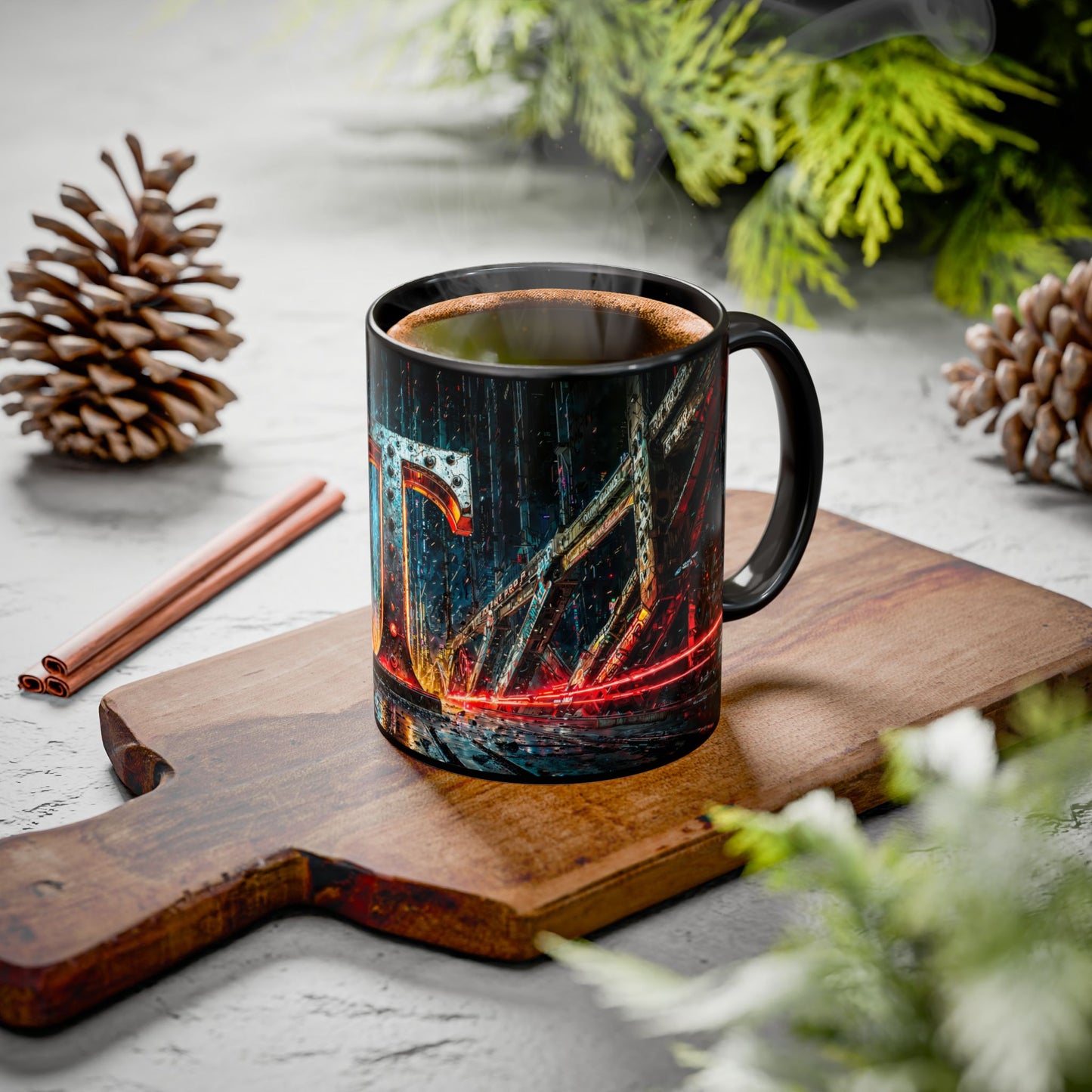 Black mug with a cyberpunk design on a wooden cutting board with pine cones and cinnamon sticks.