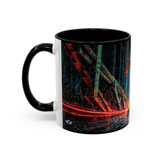 Black mug with a cyberpunk abstract design on a white background