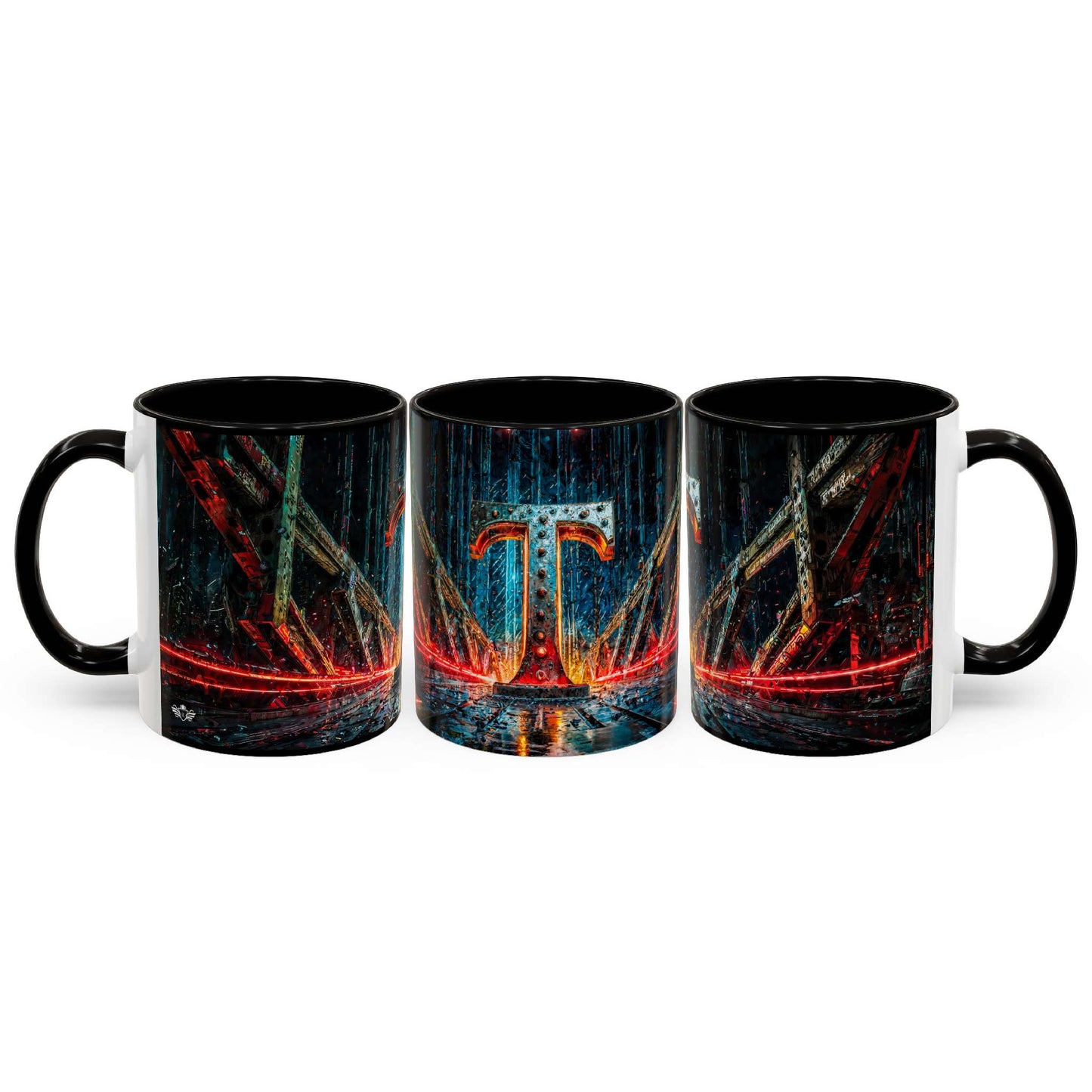 Three black mugs with a cyberpunk design of a letter 'T' on a white background