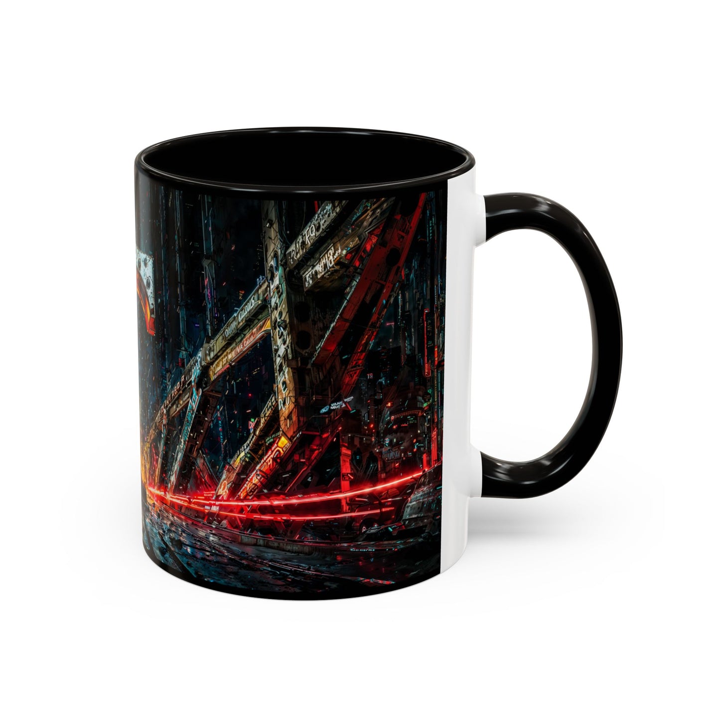 Black mug with a cyberpunk design on a white background