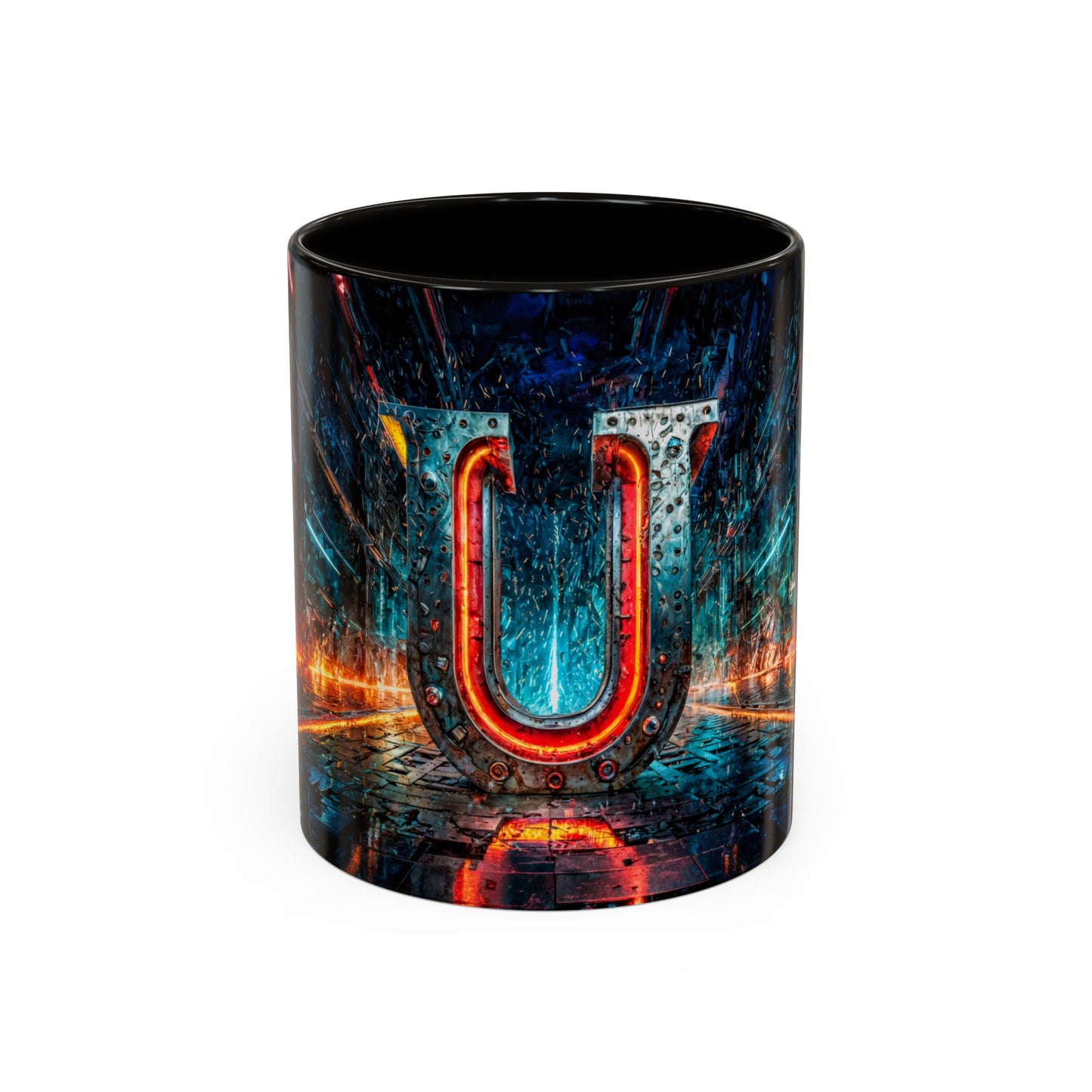 Mug with a cyberpunk letter 'U' design on a white background