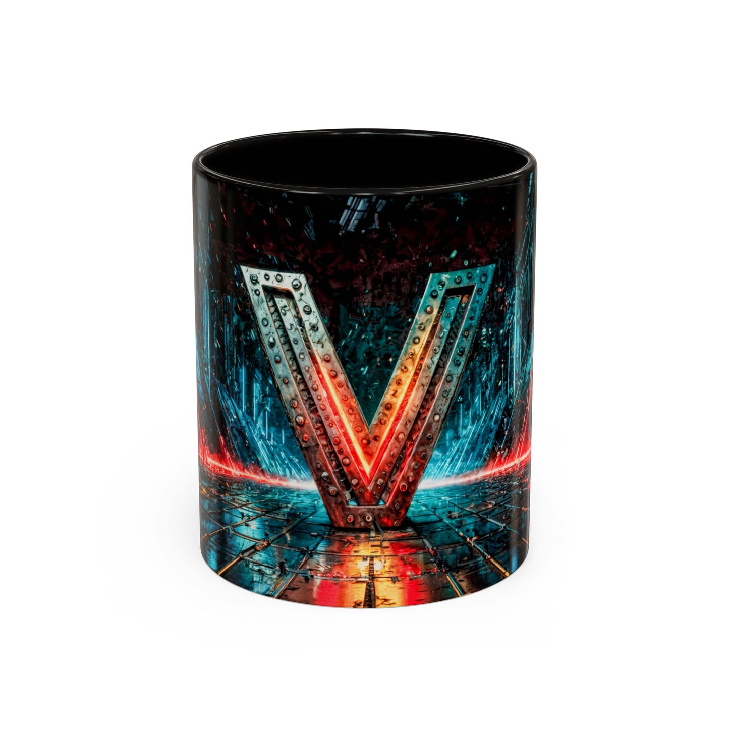 Mug with a cyberpunk letter 'V' design on a white background