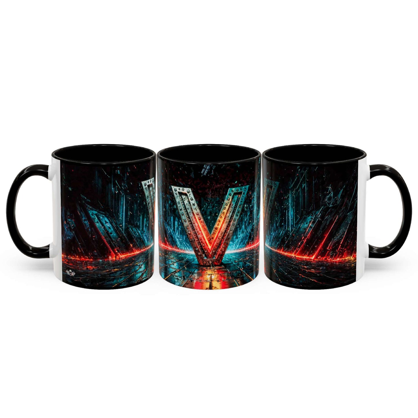 Three black mugs with a cyberpunk design on a white background
