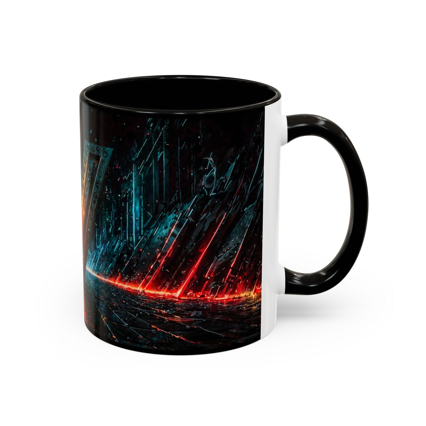 Black mug with a futuristic cyberpunk design on a white background