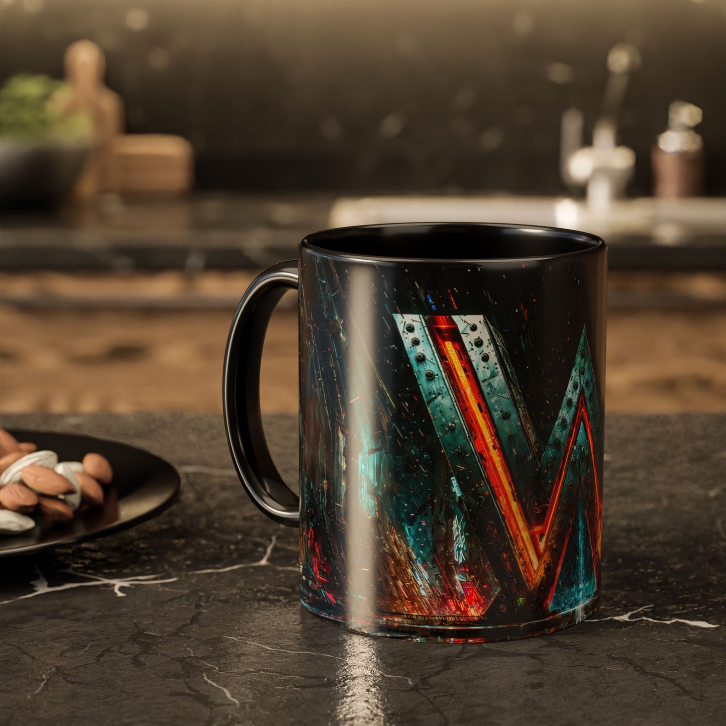 Black mug with cyberpunk design on a dark surface, blurred kitchen background