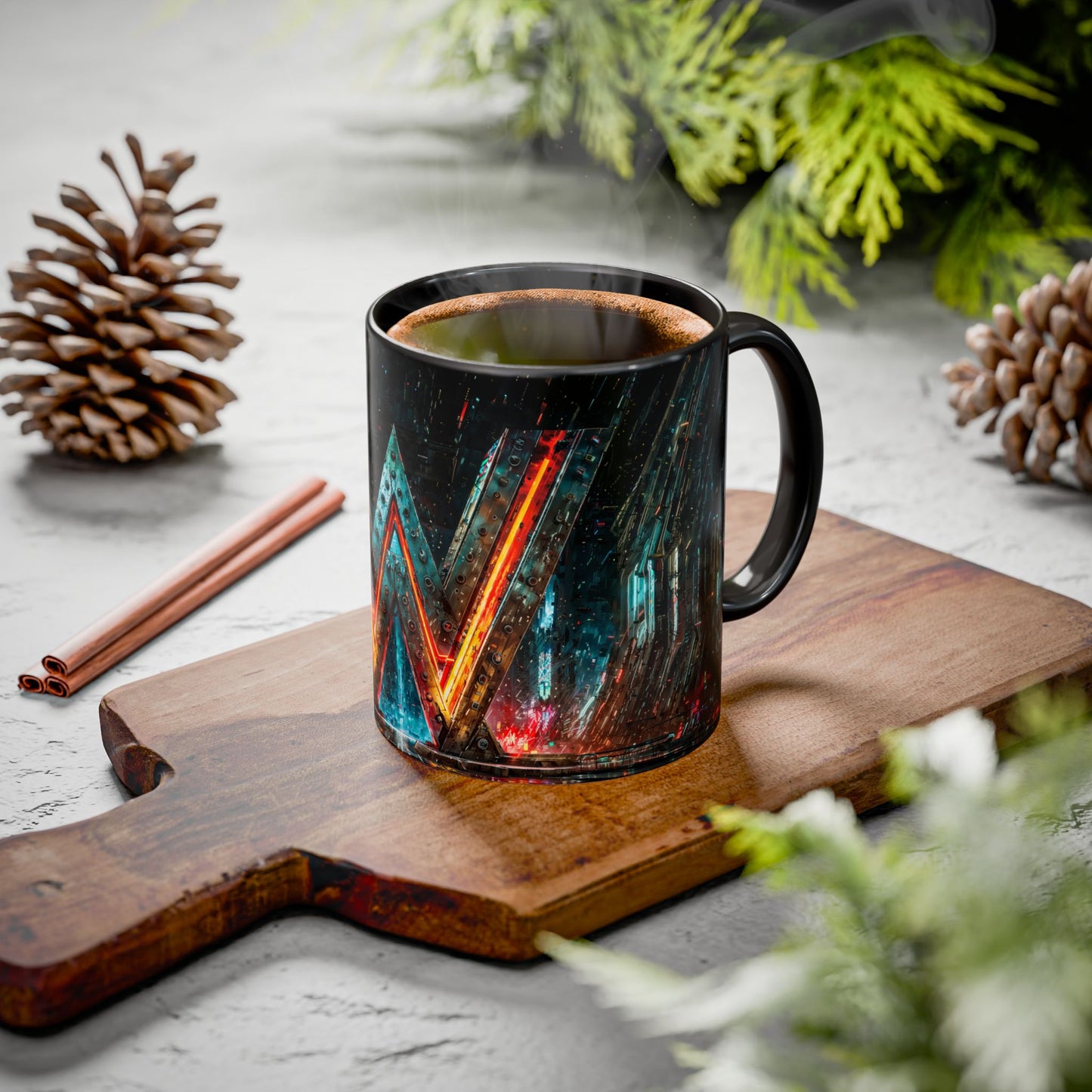 Black mug with cyberpunk design on a wooden cutting board with cinnamon sticks and pine cones.
