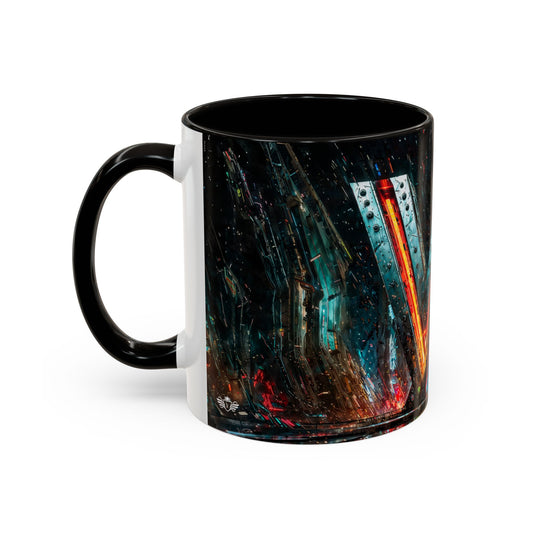 Black mug with a cyberpunk abstract design on a white background