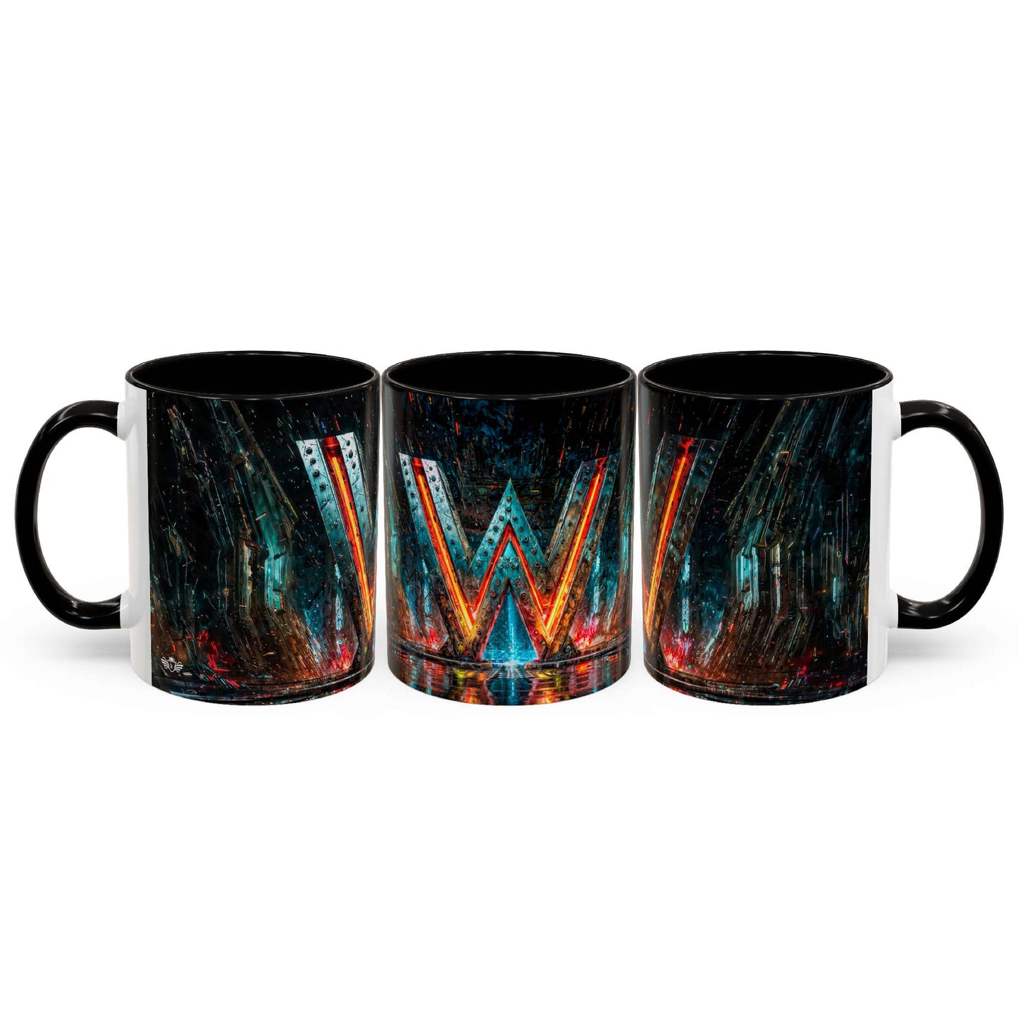 Three black mugs with cyberpunk designs on a white background