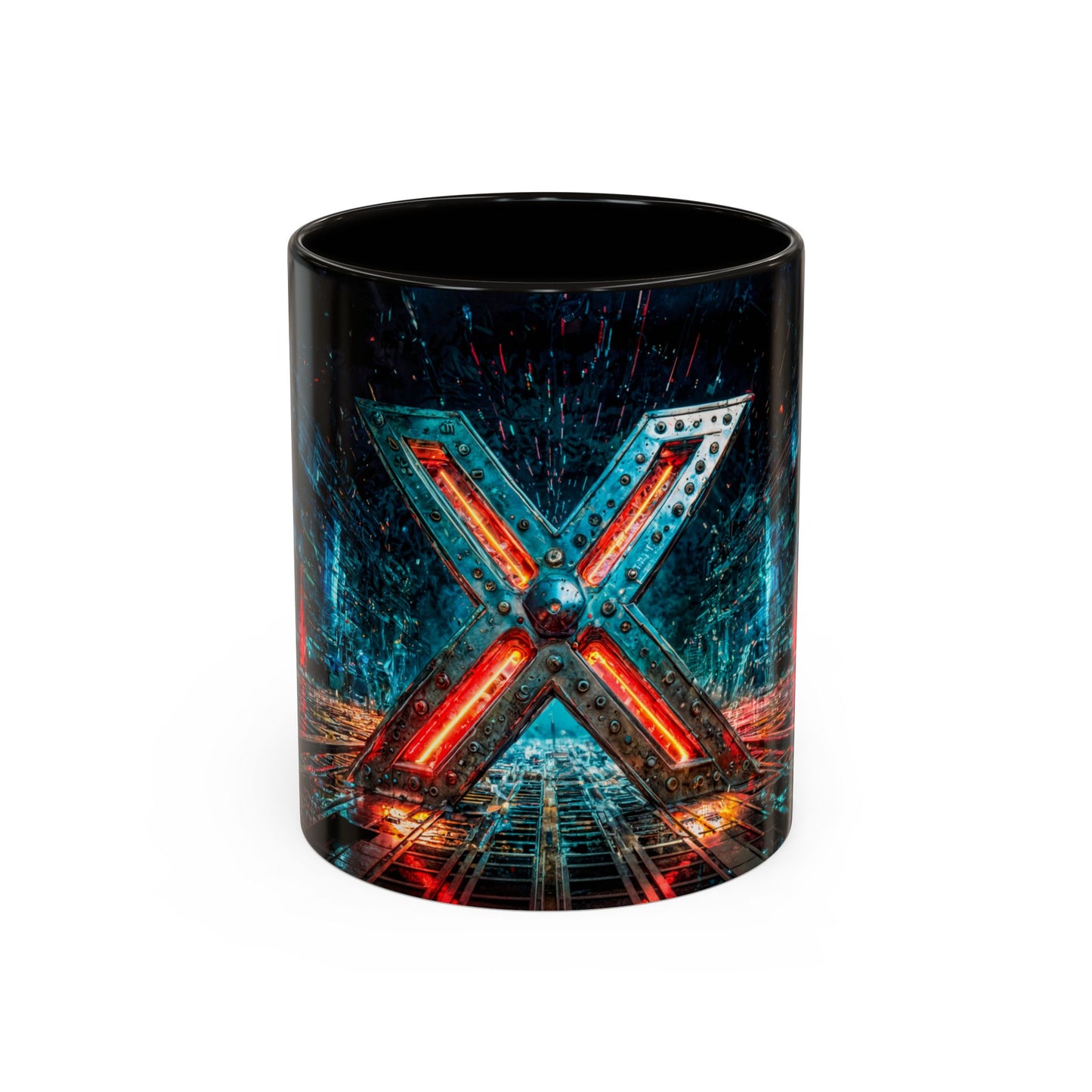 Mug with a cyberpunk letter 'X' design on a white background