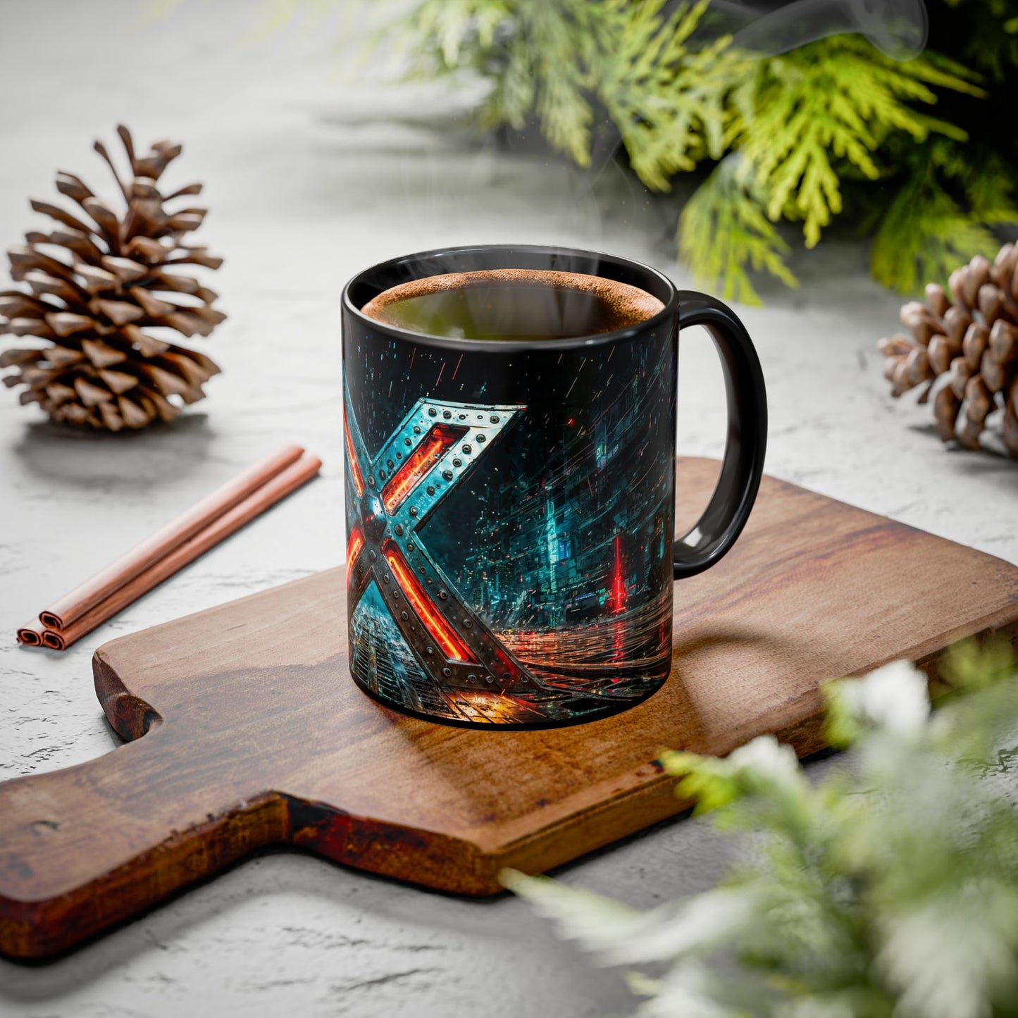 Black mug with a cyberpunk design on a wooden cutting board with pine cones and cinnamon sticks.