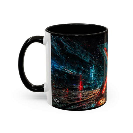 Mug with a cyberpunk design of a cityscape at night on a white background