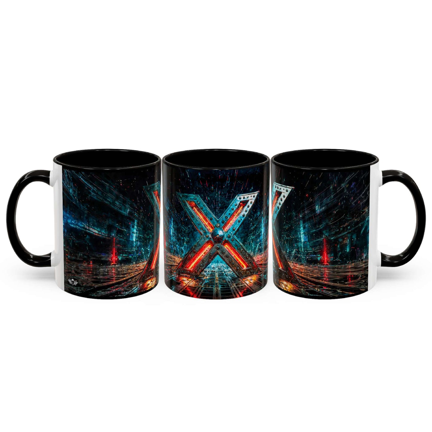 Three black mugs with a cyberpunk design on a white background