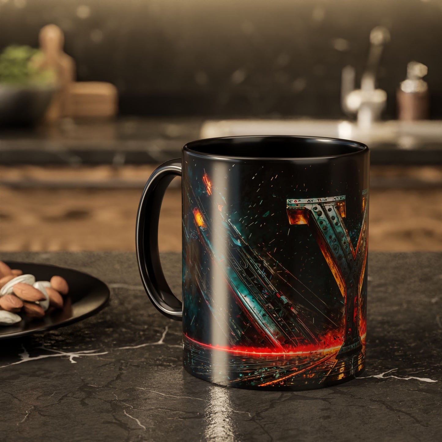 Black mug with a cyberpunk design on a dark surface, blurred kitchen background