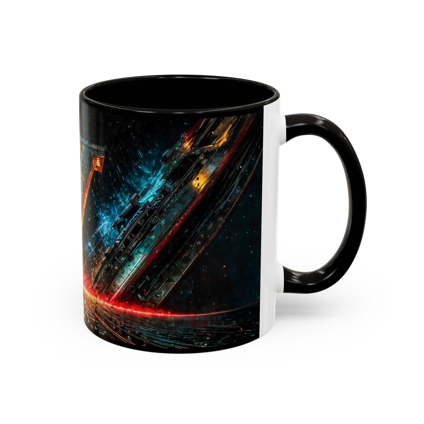 Black mug with a cyberpunk design on a white background
