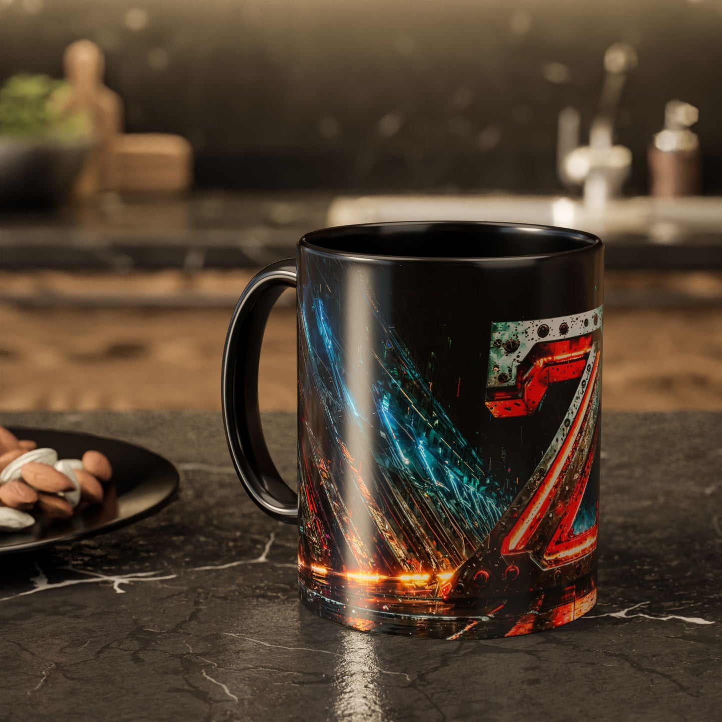 Black mug with a cyberpunk design on a dark surface