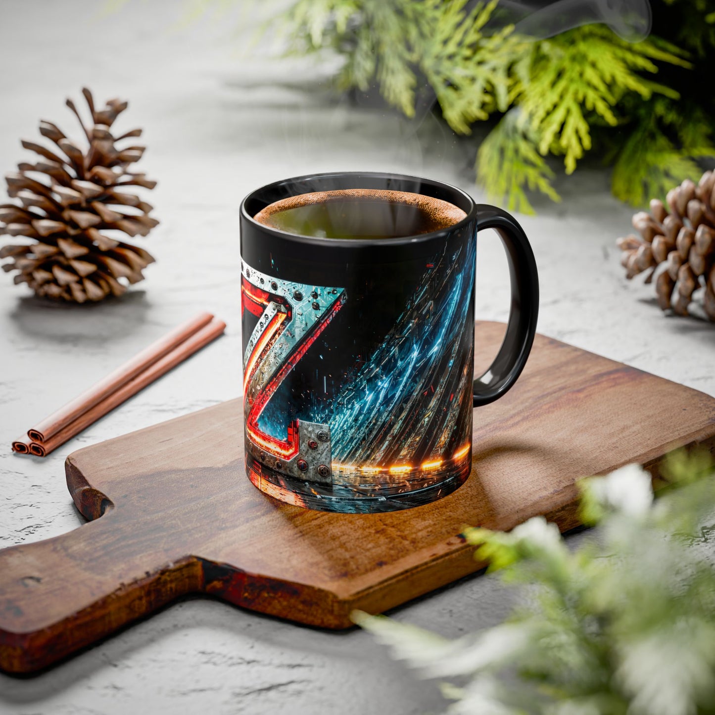 Black mug with cyberpunk design on a wooden cutting board with cinnamon sticks and pine cones.