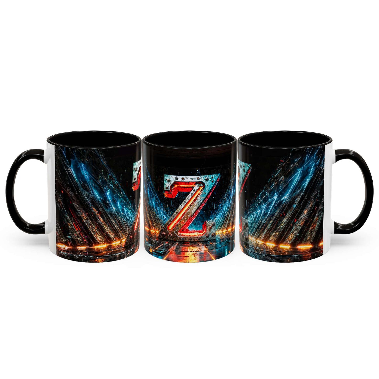 Three black mugs with a cyberpunk design featuring the letter 'Z' on a white background.