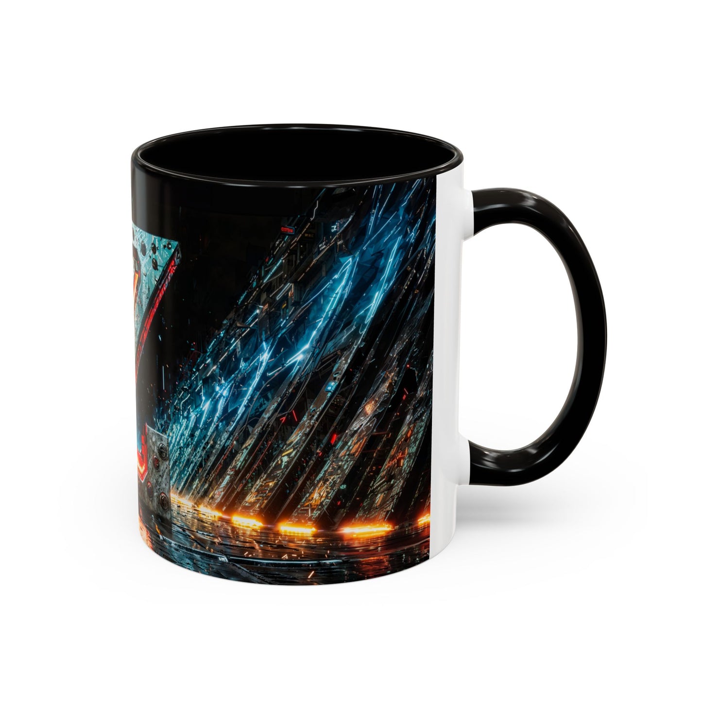 Black mug with a cyberpunkl abstract design on a white background