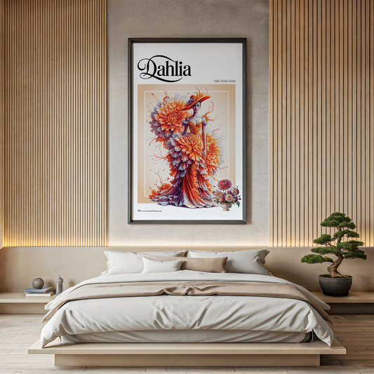 Framed artwork of a woman in a floral dress above a bed in a modern bedroom.