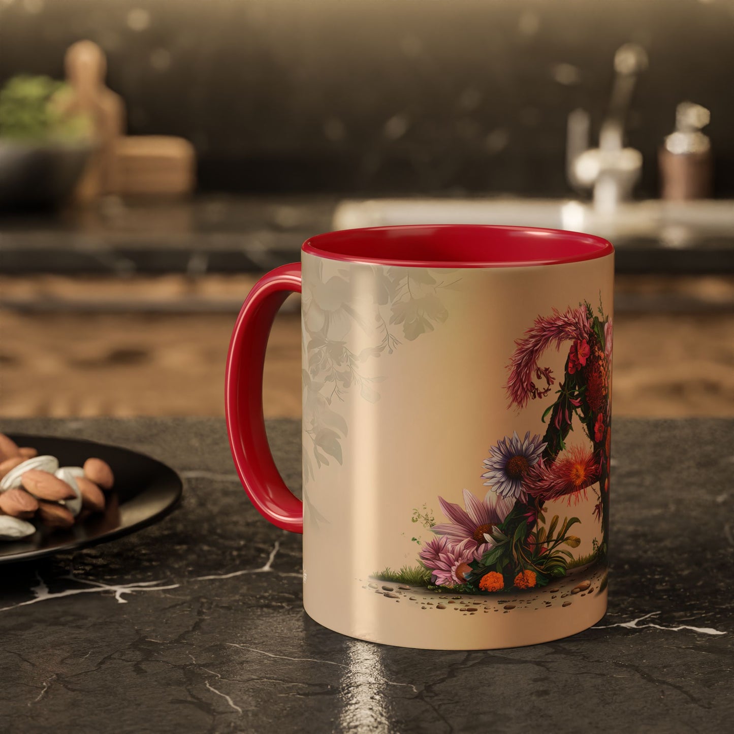 Mug with floral design on a kitchen table