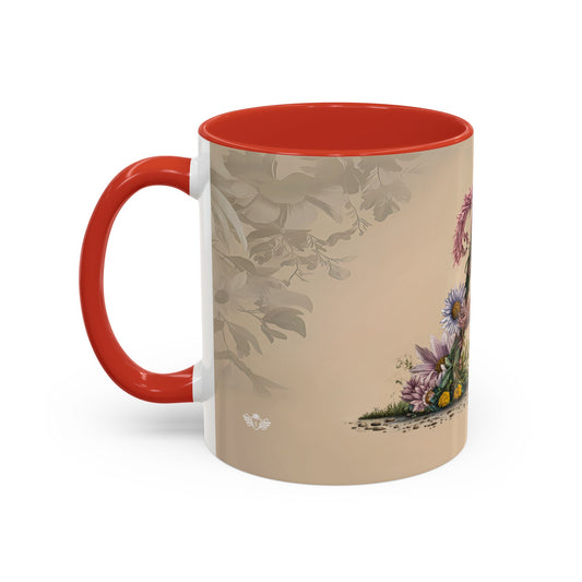 Mug with red interior and handle, featuring floral design on beige background