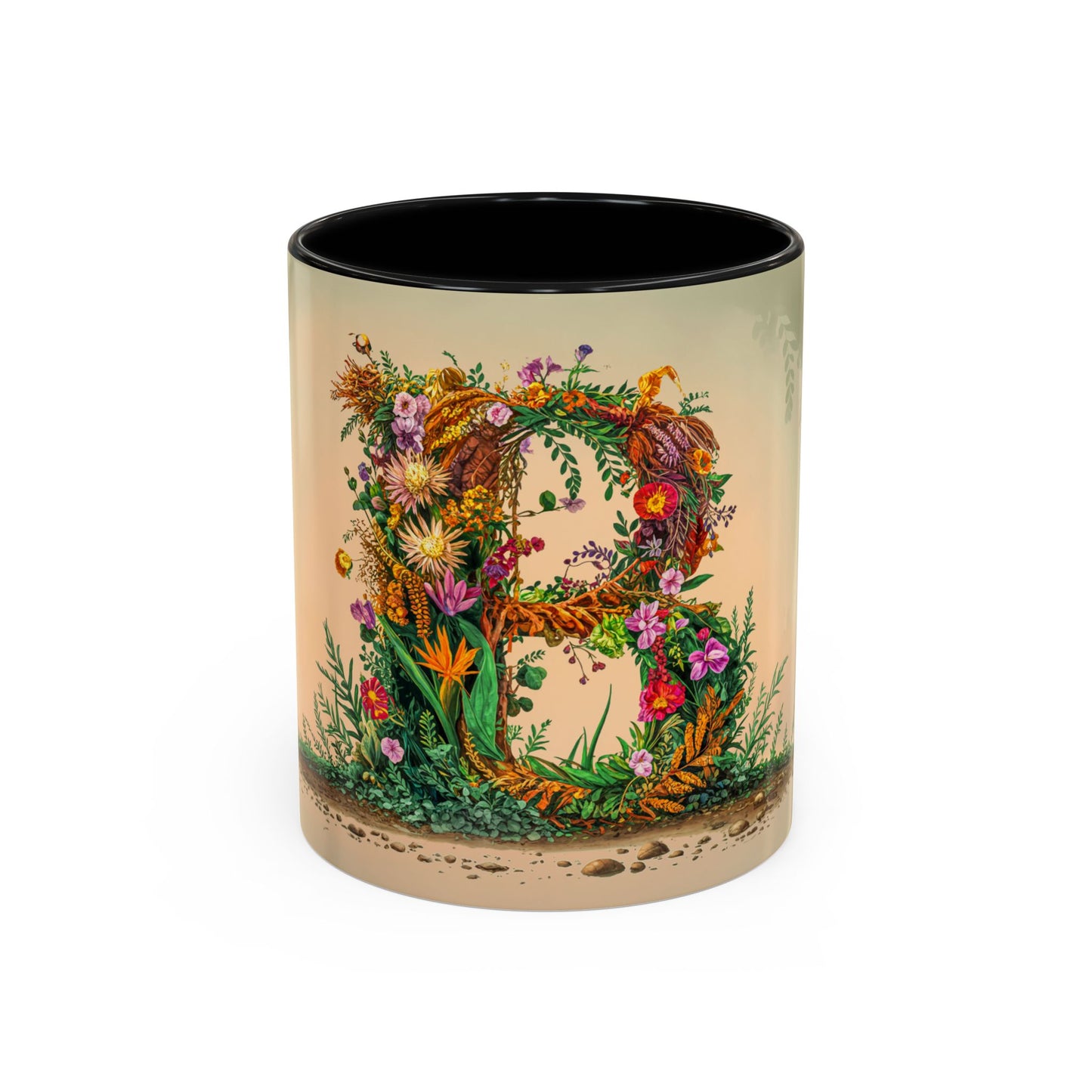 Decorative mug with floral and leaf design on a beige background