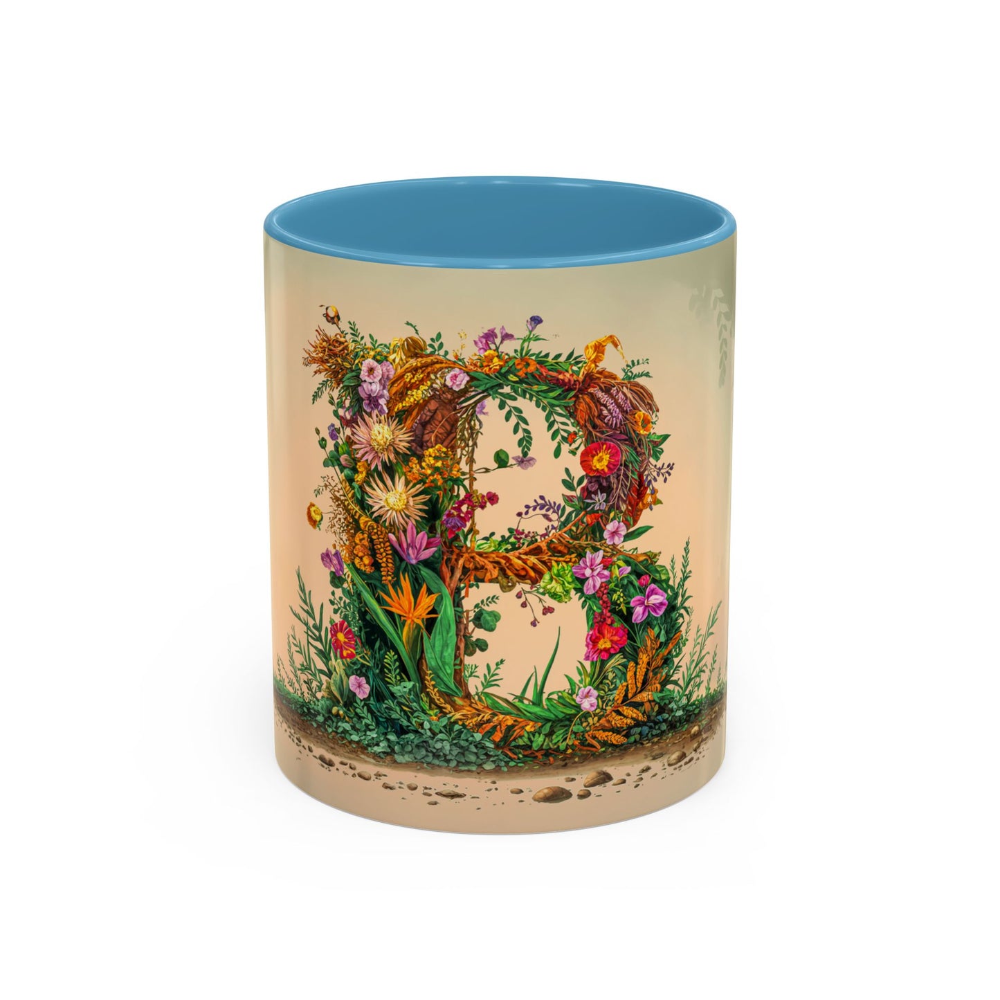 Mug with floral design and blue interior on a beige background