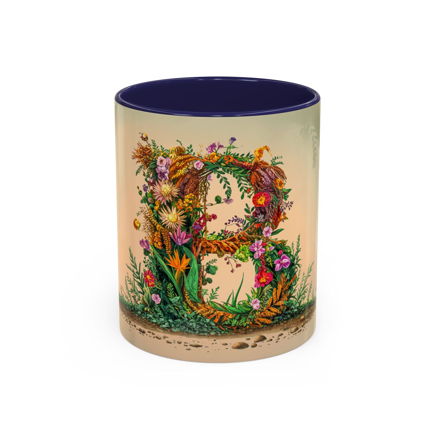 Mug with floral design and letter B on a beige background