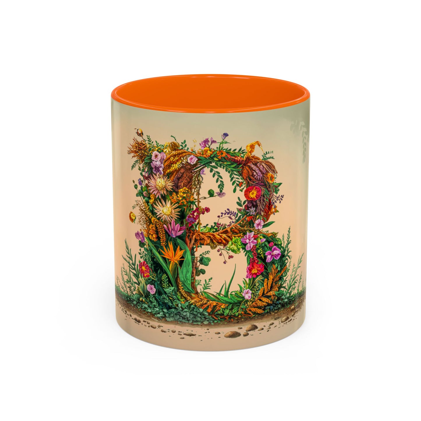 Decorative mug with floral design and orange interior on a beige background