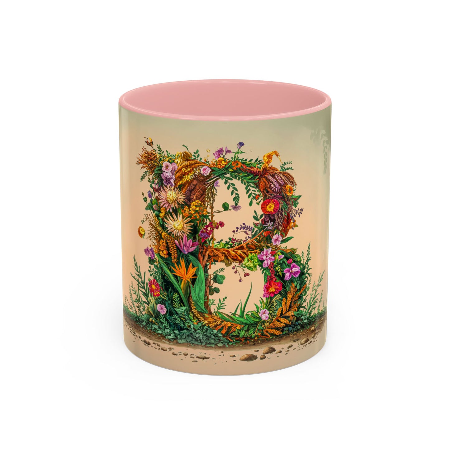 Mug with floral design and pink interior on a white background