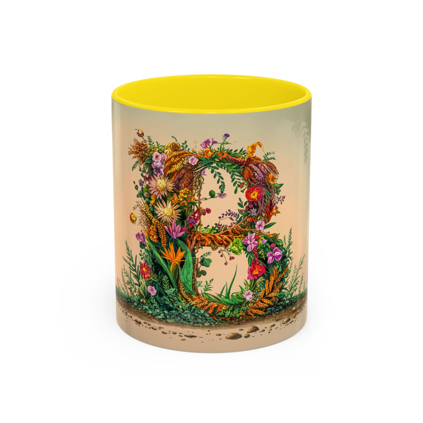 Decorative cup with floral design and yellow interior on a beige background
