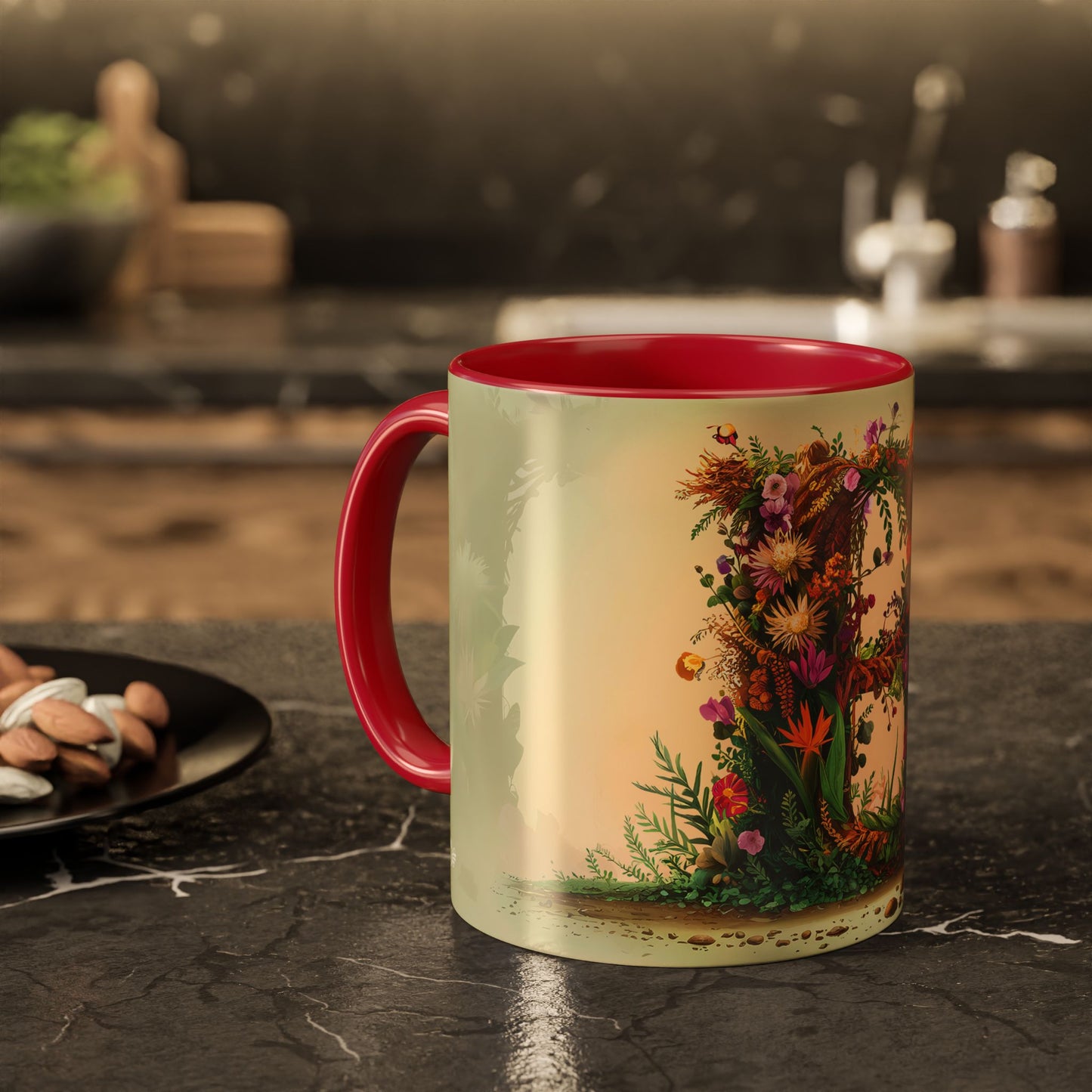 Mug with floral design on a kitchen counter