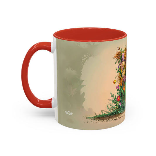 Mug with red interior and handle, featuring a nature-themed design on the exterior.