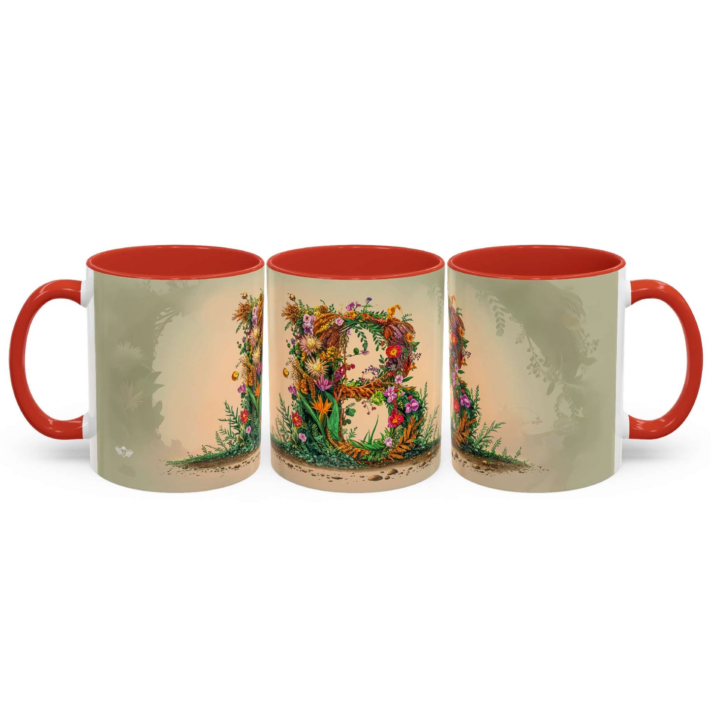 Three mugs with floral letter 'B' design on a beige background