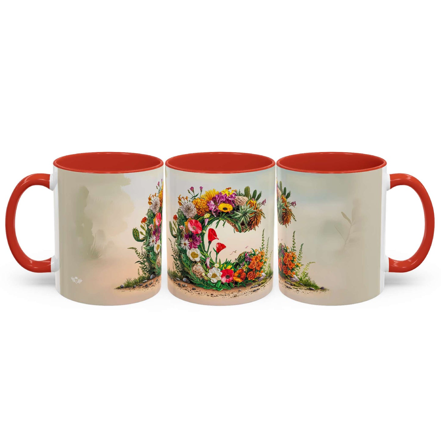 Three mugs with floral designs on a white background